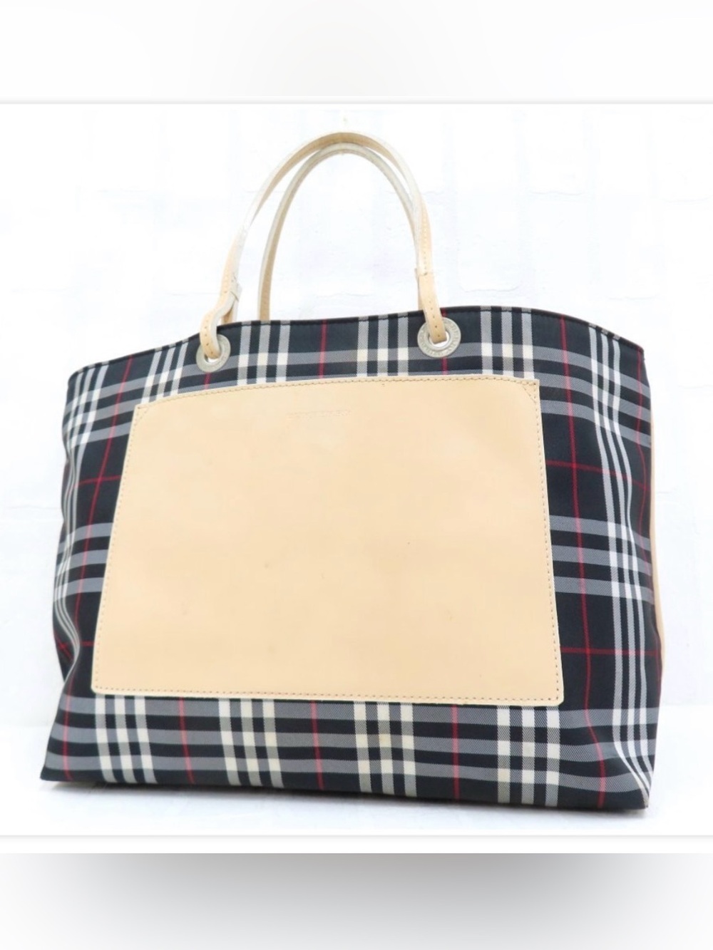 Burberry Nova Check Plaid Canvas Leather Tote Black Tan